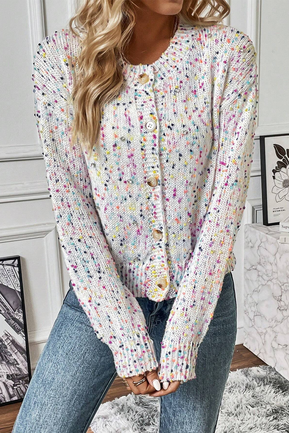 Women's White Multicolor Confetti Sweater Cardigan - Detail View 6 Women's White Multicolor Confetti Sweater Cardigan - Detail View 6