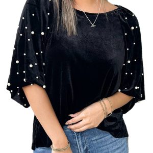 Women's Black Pearl Beaded Half Sleeve Velvet Top for Elegant Occasions - Main View