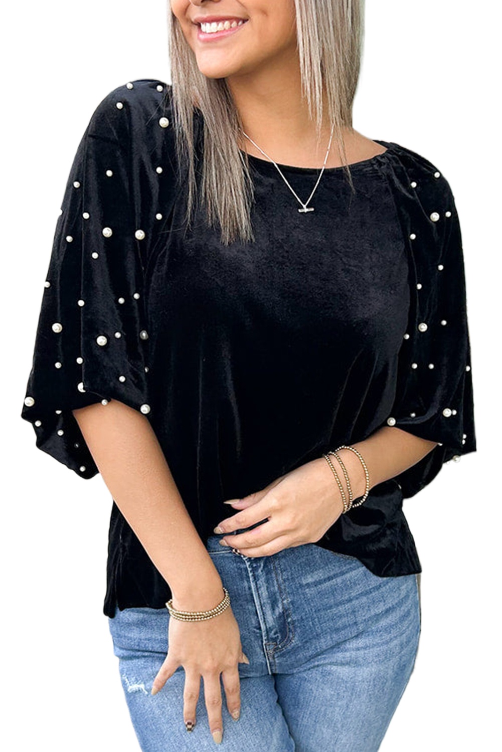 Women's Black Pearl Beaded Half Sleeve Velvet Top for Elegant Occasions - Main View Women's Black Pearl Beaded Half Sleeve Velvet Top for Elegant Occasions - Main View
