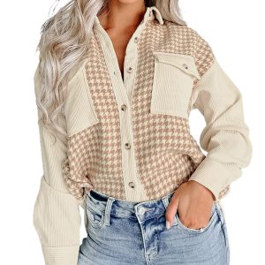Women's Parchment Houndstooth Corduroy Patchwork Flap Pocket Shacket - Main View