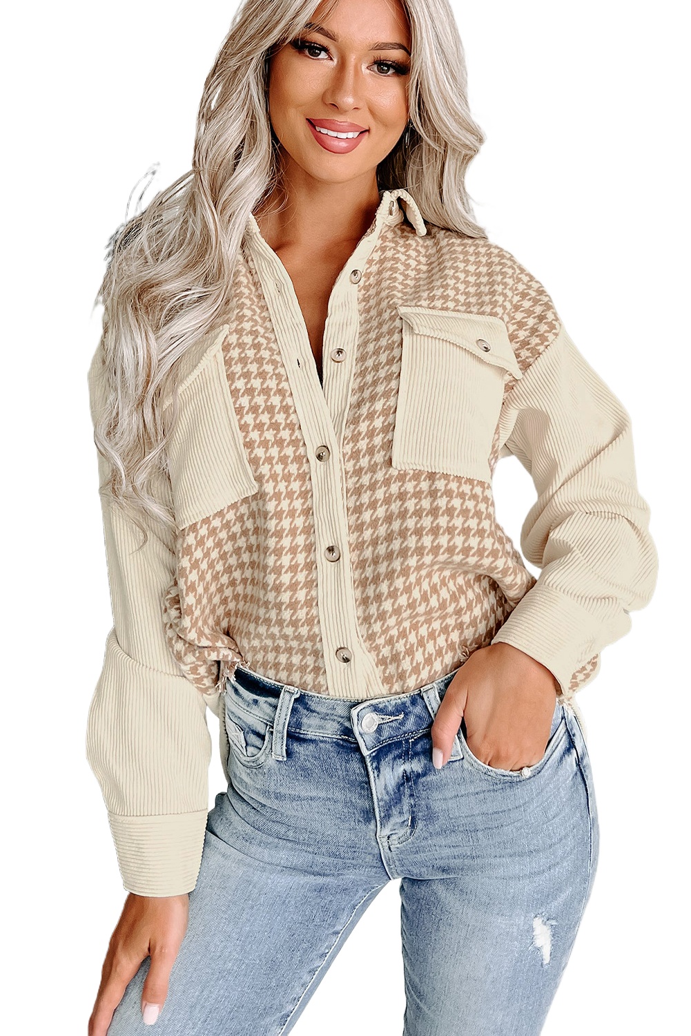 Women's Parchment Houndstooth Corduroy Patchwork Flap Pocket Shacket - Main View Women's Parchment Houndstooth Corduroy Patchwork Flap Pocket Shacket - Main View