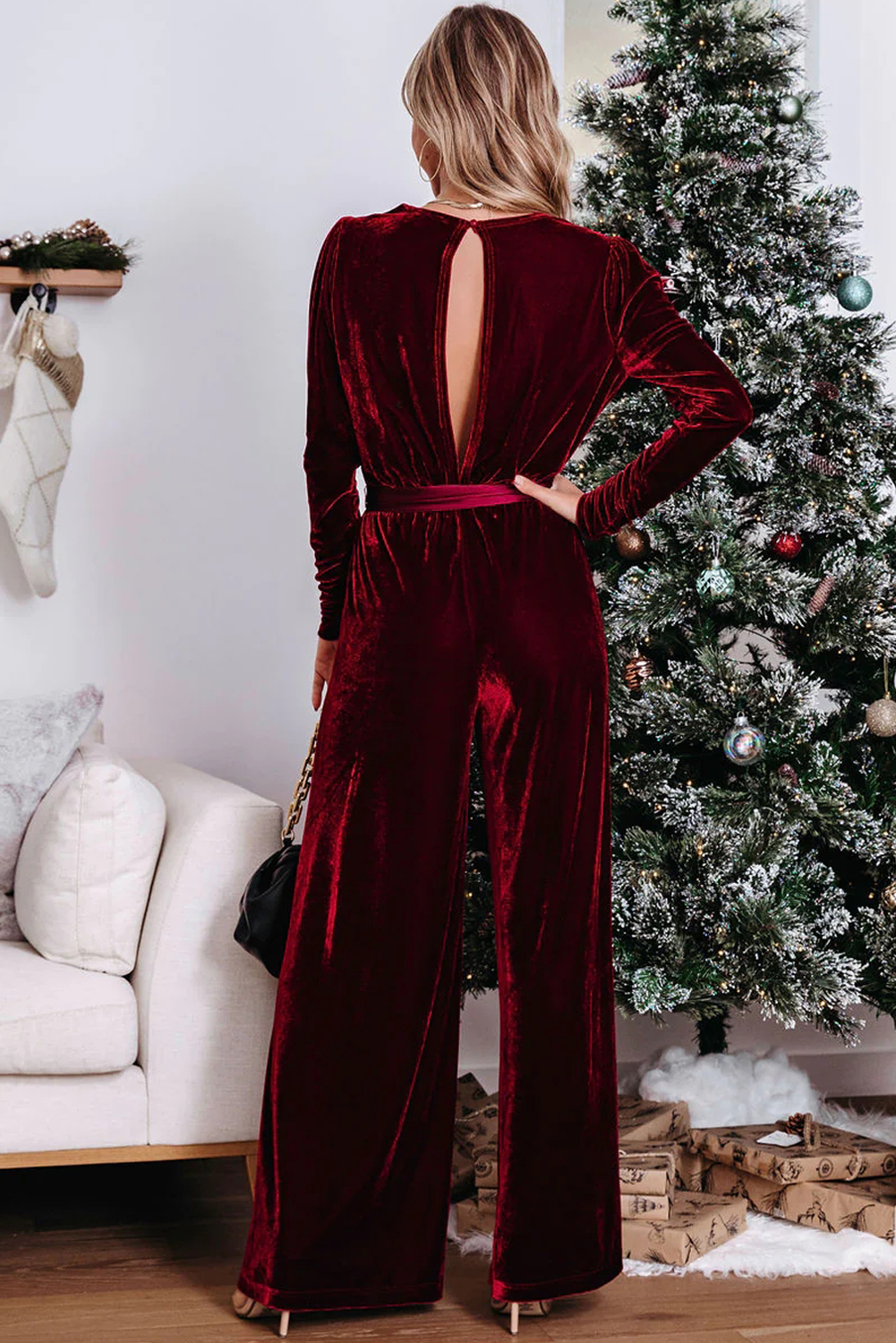 Fiery Red Velvet Jumpsuit, Wide Leg Holiday Night Out Piece - Detail View 3 Fiery Red Velvet Jumpsuit, Wide Leg Holiday Night Out Piece - Detail View 3