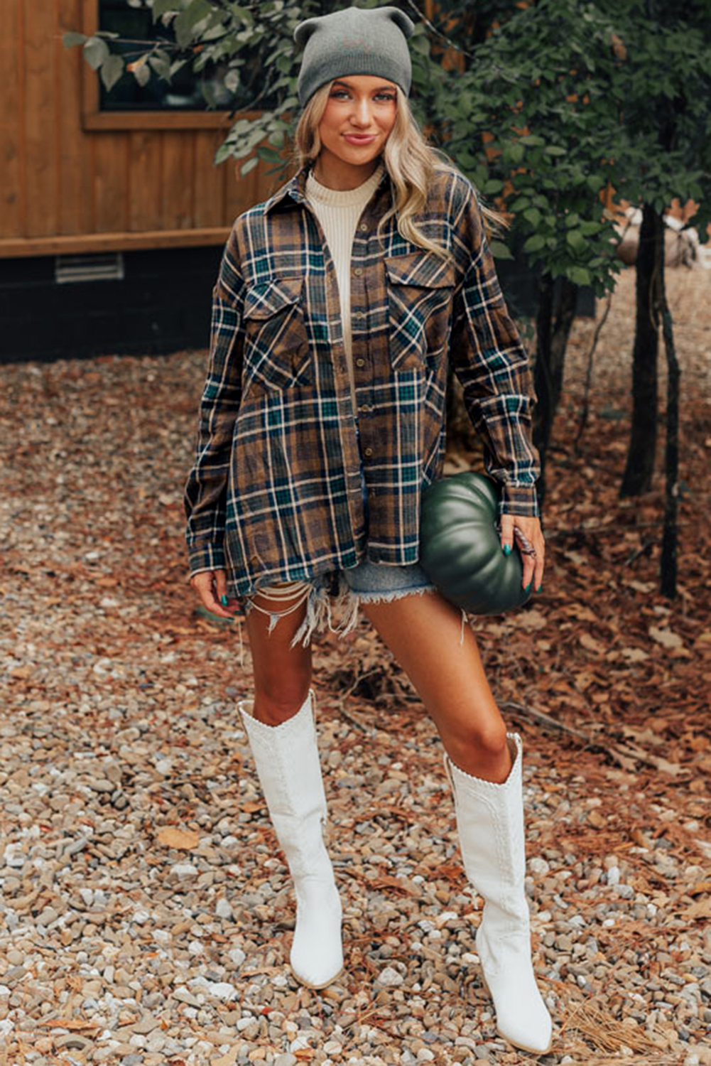 Plaid Shirting Jacket with Chest Flap Pockets - Brown - Detail View 7 Plaid Shirting Jacket with Chest Flap Pockets - Brown - Detail View 7