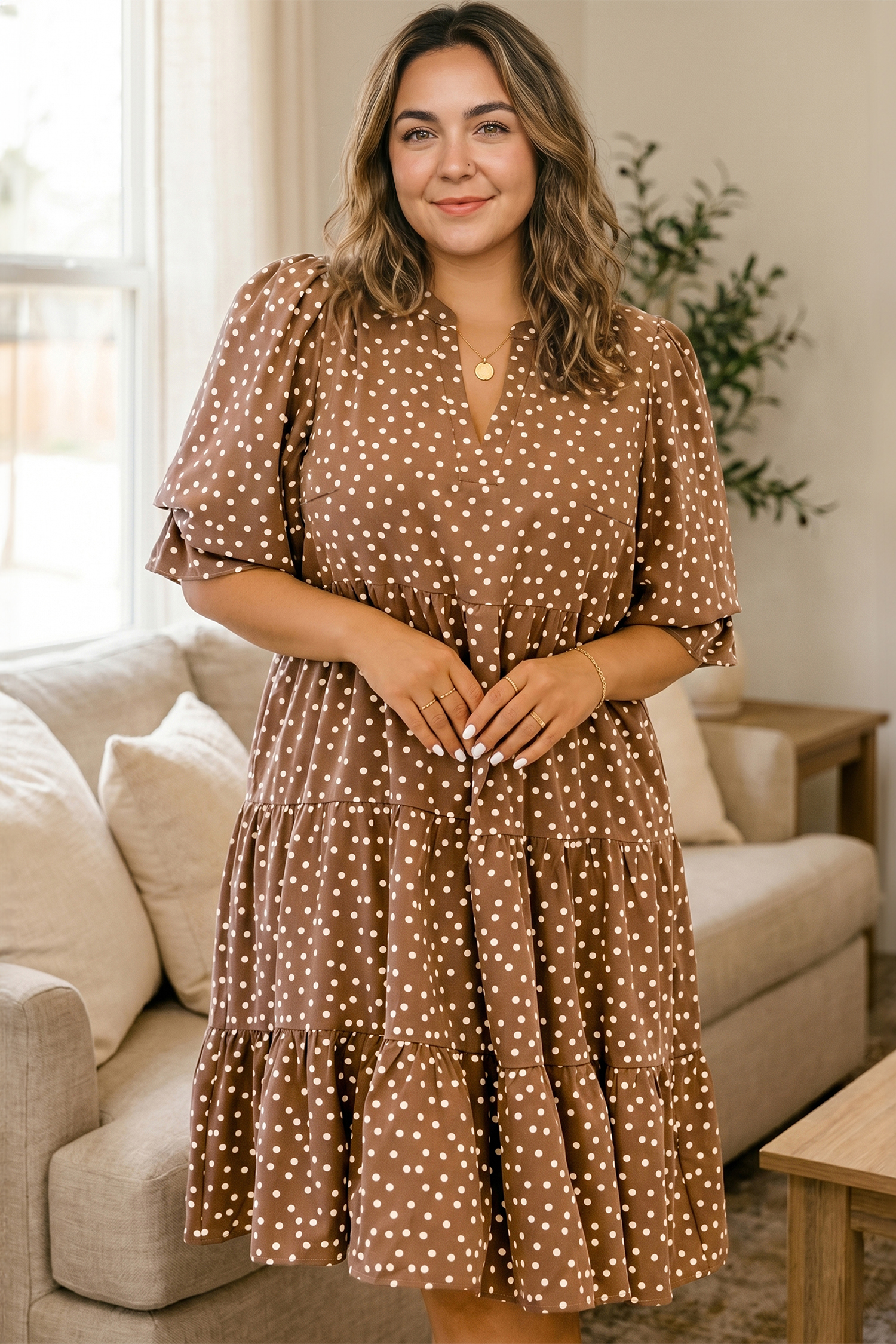 Brown Polka Dot Summer Dress, Short Tiered Casual Shift Style - Detail View 2 Brown Polka Dot Summer Dress, Short Tiered Casual Shift Style - Detail View 2