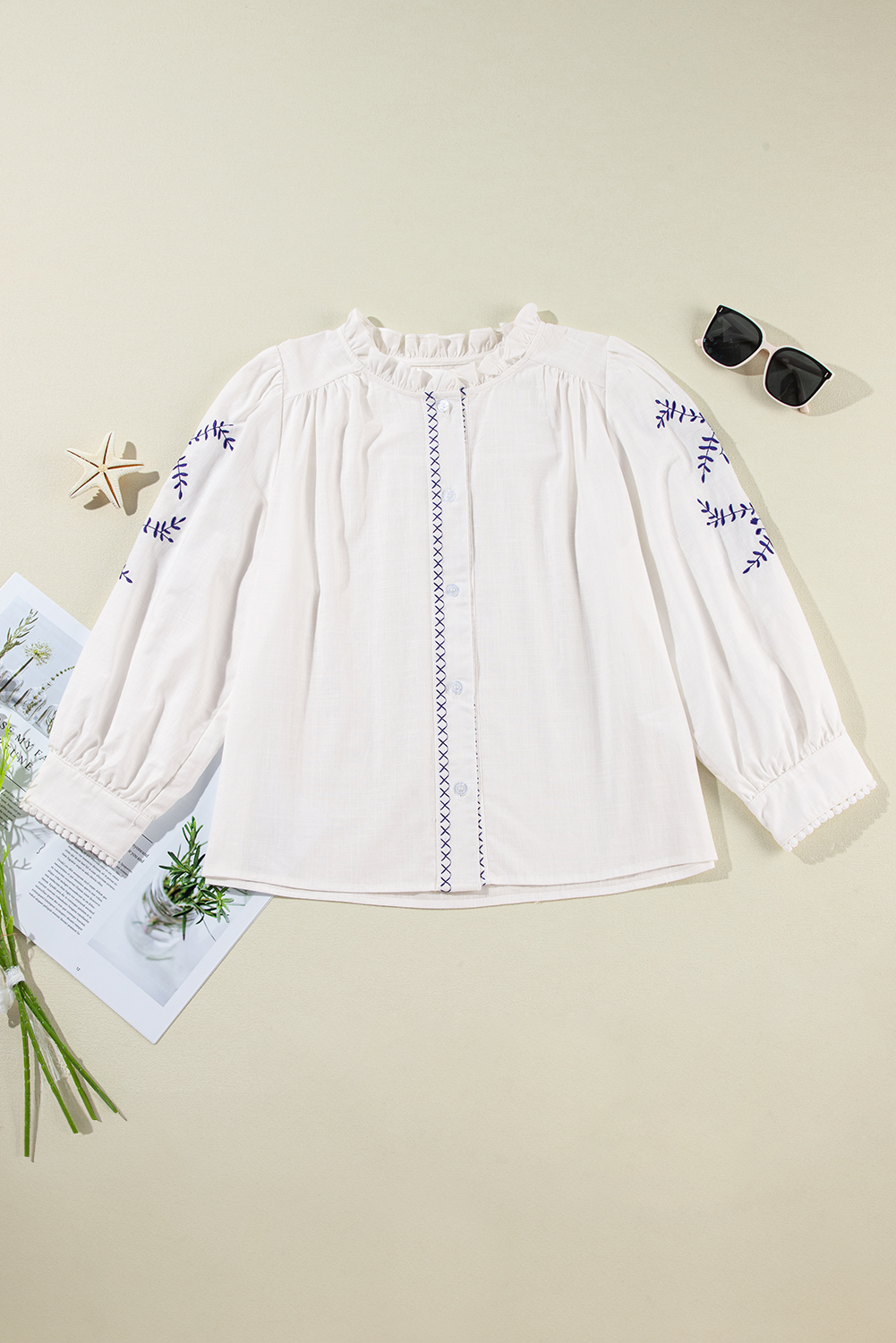 Elegant and Chic Women's Casual Shirt - White Embroidered Sleeve - Detail View 8 Elegant and Chic Women's Casual Shirt - White Embroidered Sleeve - Detail View 8