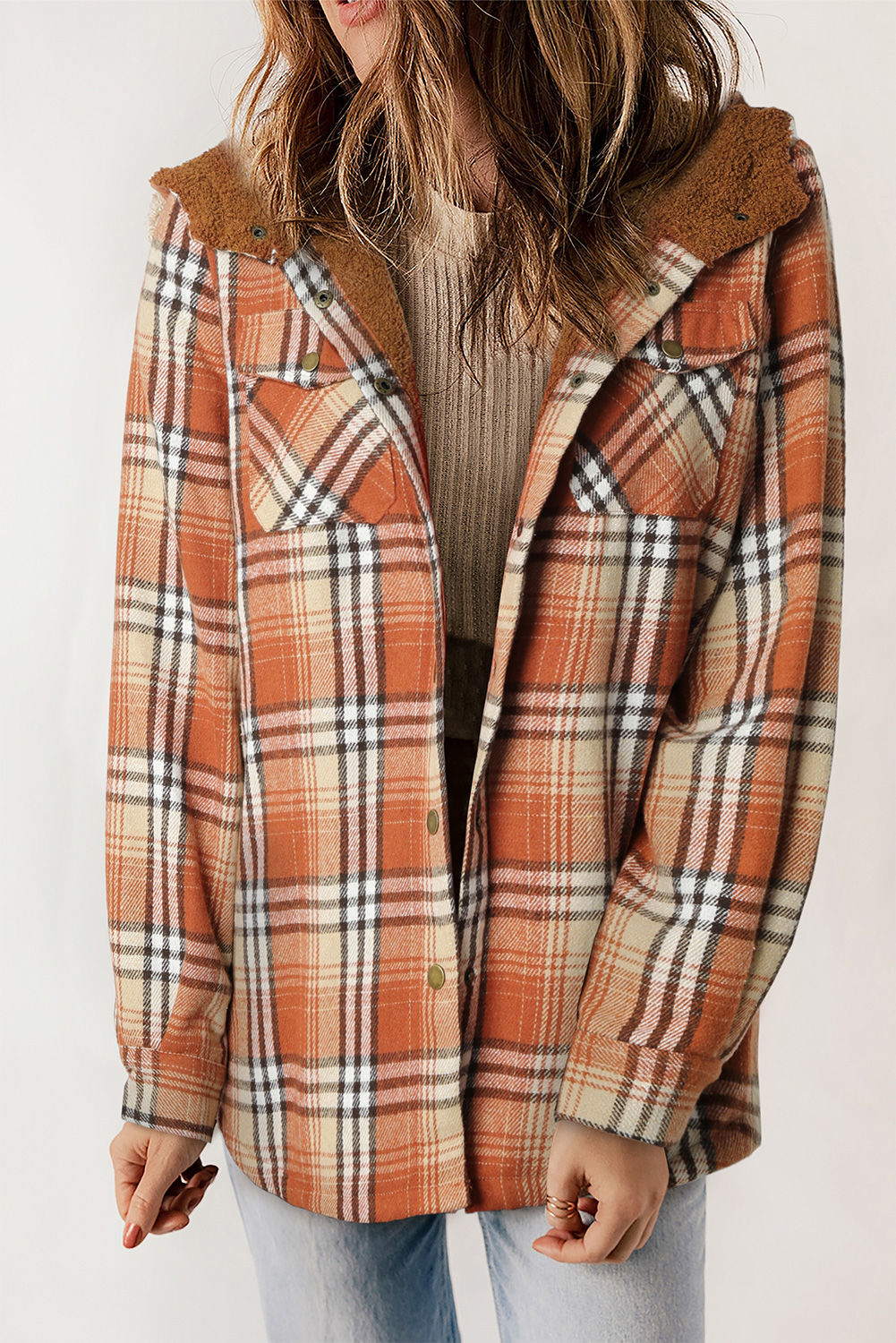 Hooded Plaid Shacket, Casual Button Down Winter Outerwear - Detail View 2 Hooded Plaid Shacket, Casual Button Down Winter Outerwear - Detail View 2