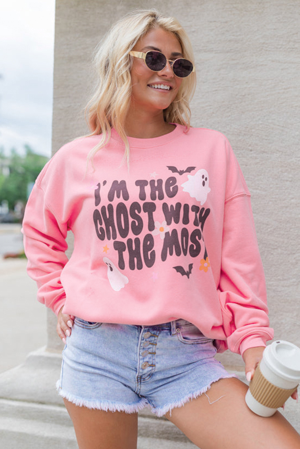Comfortable and Stylish Pink Halloween Drop Shoulder Sweatshirt - Perfect for Autumn Nights - Detail View 3 Comfortable and Stylish Pink Halloween Drop Shoulder Sweatshirt - Perfect for Autumn Nights - Detail View 3