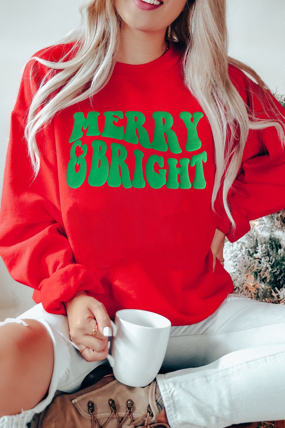 Casual Long Sleeve Graphic Sweatshirt with Puffy Letter Design - MERRY & BRIGHT - Detail View 2 Casual Long Sleeve Graphic Sweatshirt with Puffy Letter Design - MERRY & BRIGHT - Detail View 2