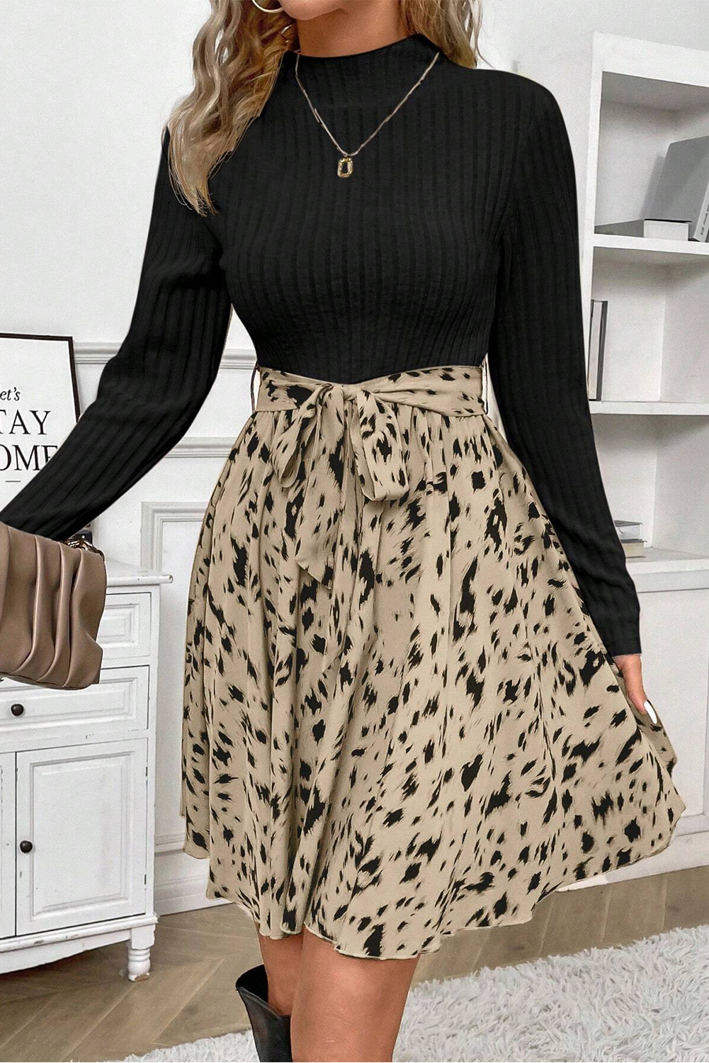 Trendy and Chic Mini Dress with Patchwork Design and Ribbed Knit Fabric - Detail View 7 Trendy and Chic Mini Dress with Patchwork Design and Ribbed Knit Fabric - Detail View 7