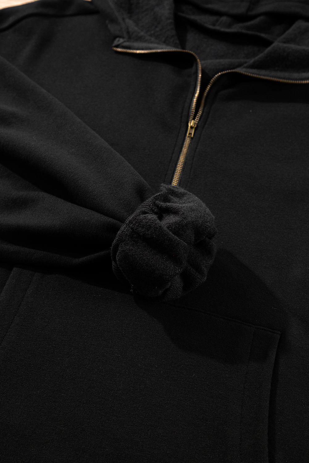 Cozy Black Hoodie with Fleece Lining and Half Zipper for Easy Style - Detail View 10 Cozy Black Hoodie with Fleece Lining and Half Zipper for Easy Style - Detail View 10