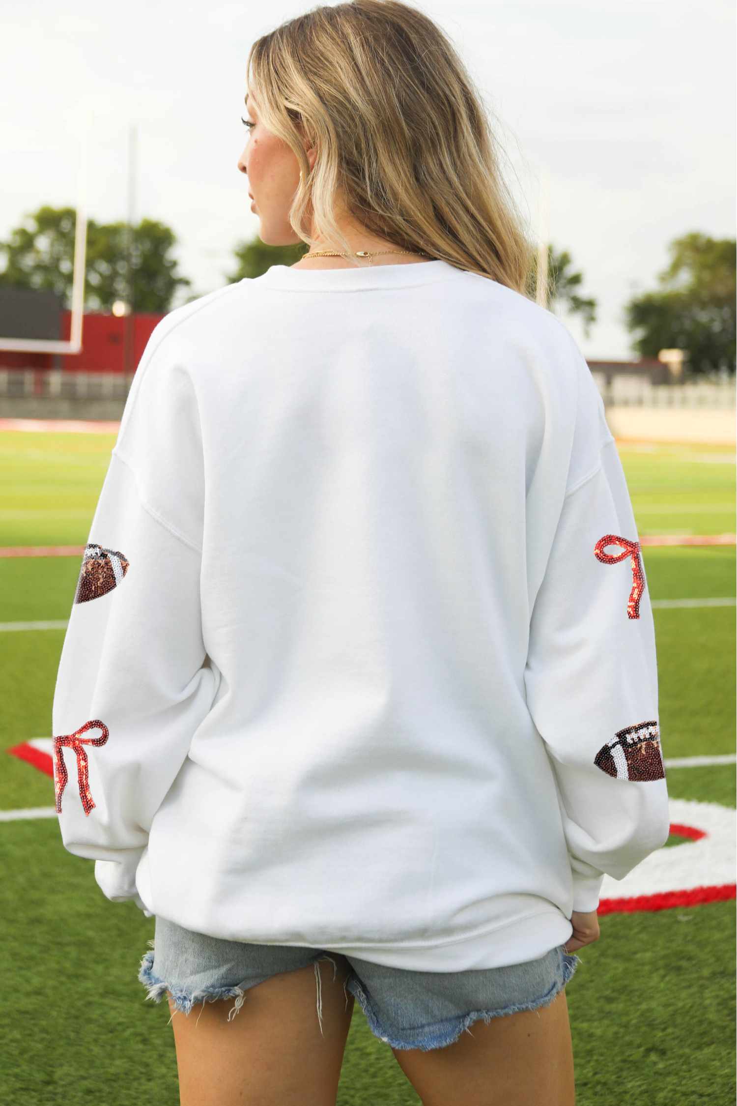 White Sequin Football Sweatshirt, Long Sleeve Game Day Top - Detail View 5 White Sequin Football Sweatshirt, Long Sleeve Game Day Top - Detail View 5