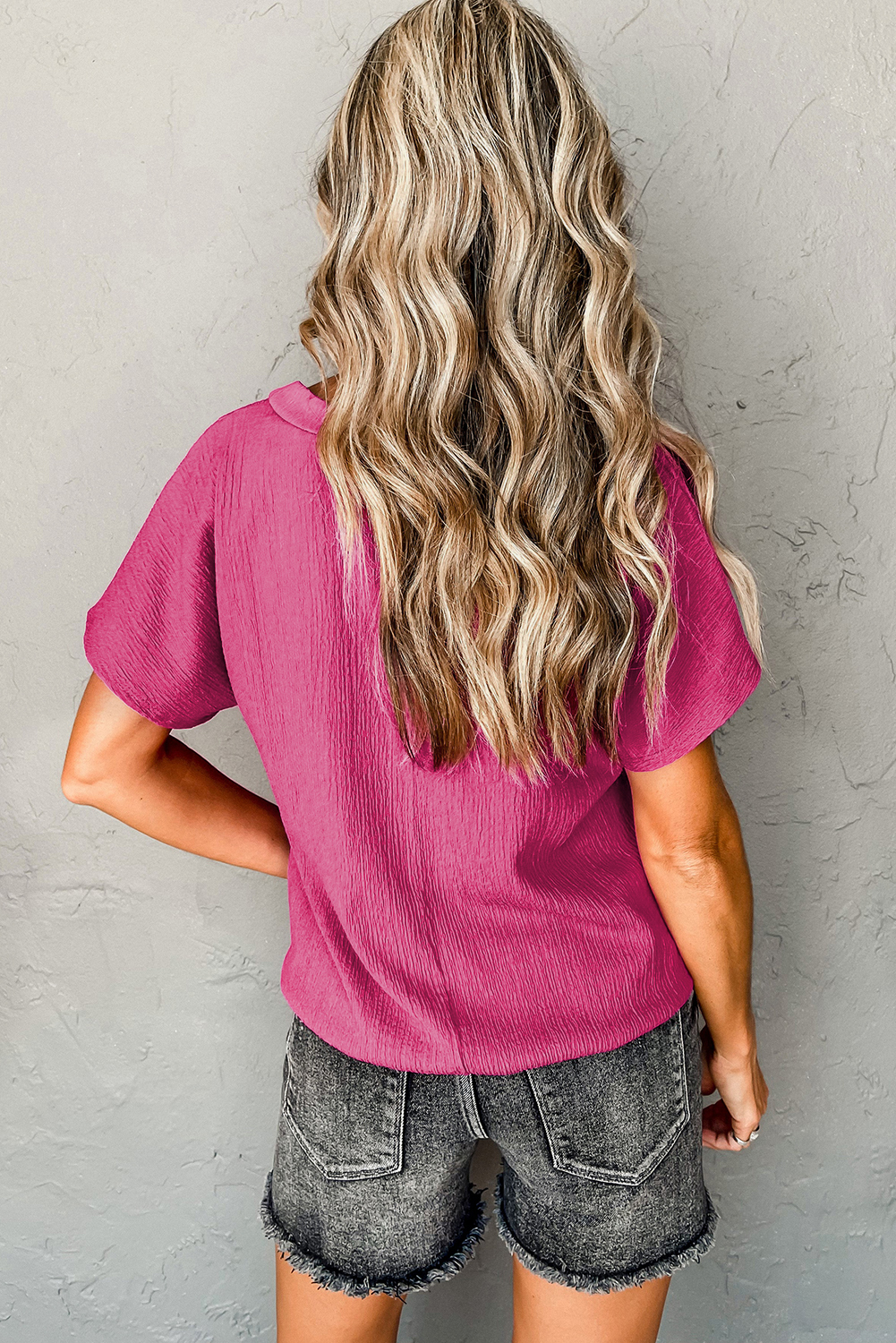 Bright Pink Solid Color Top, Everyday Women's V Neck Blouse - Detail View 3 Bright Pink Solid Color Top, Everyday Women's V Neck Blouse - Detail View 3