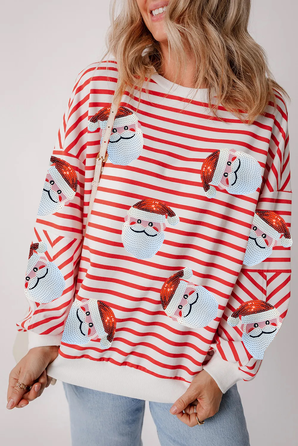 Women's Sweatshirt, Orange Stripe, Sequin, Santa Claus Pattern, Christmas Pullover, Casual Style, Cozy, Long Sleeve, Crew Neck, Holiday Wear, Graphic Sweatshirt, Festive, Relaxed Fit, Colorblock, Fall & Autumn, Daily Wear - Detail View 4 Women's Sweatshirt, Orange Stripe, Sequin, Santa Claus Pattern, Christmas Pullover, Casual Style, Cozy, Long Sleeve, Crew Neck, Holiday Wear, Graphic Sweatshirt, Festive, Relaxed Fit, Colorblock, Fall & Autumn, Daily Wear - Detail View 4