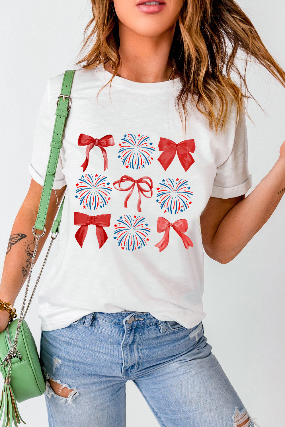Women's Patriotic Graphic Tee, Firework And Bowknot Print - Detail View 7 Women's Patriotic Graphic Tee, Firework And Bowknot Print - Detail View 7