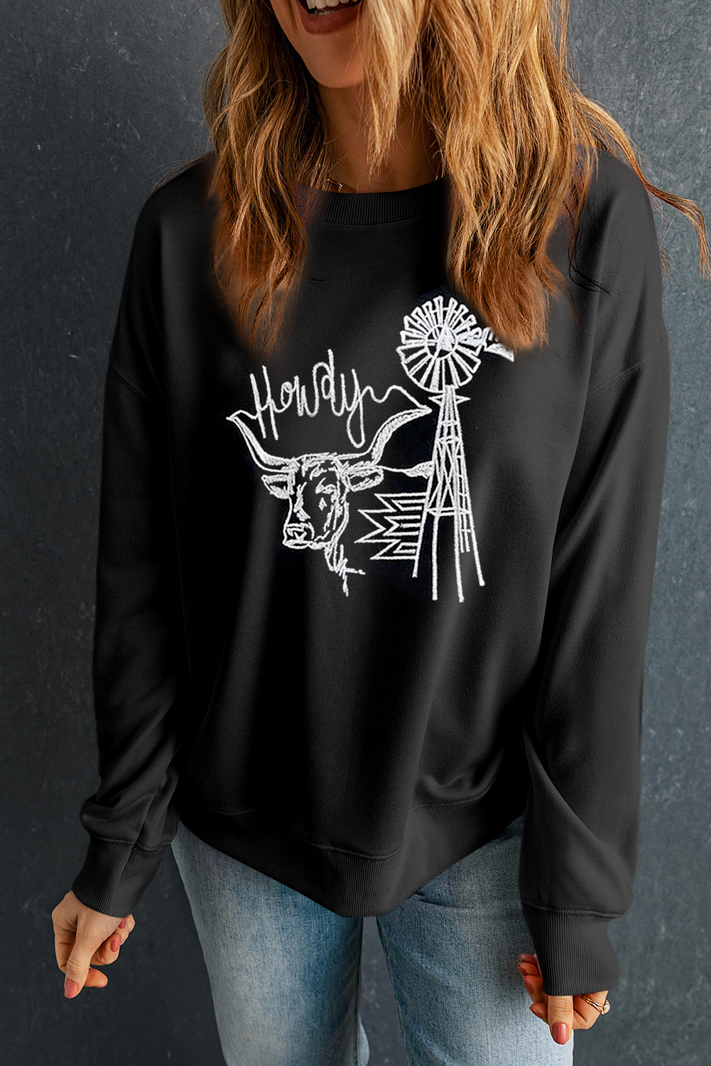 Retro-Inspired Western Graphic Sweatshirt - Black Embroidered Howdy Cow Design - Detail View 7 Retro-Inspired Western Graphic Sweatshirt - Black Embroidered Howdy Cow Design - Detail View 7
