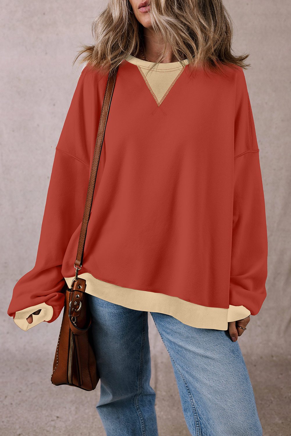 Trendy Oversized Long Sleeve Sweatshirt - Red Clay Color Block Patch Design - Detail View 7 Trendy Oversized Long Sleeve Sweatshirt - Red Clay Color Block Patch Design - Detail View 7