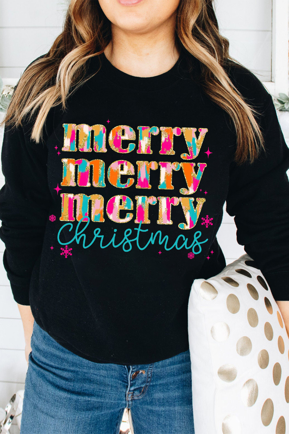 Women's Black Merry Christmas Painted Crew Neck Graphic Sweatshirt for Holiday Cheer - Detail View 9 Women's Black Merry Christmas Painted Crew Neck Graphic Sweatshirt for Holiday Cheer - Detail View 9