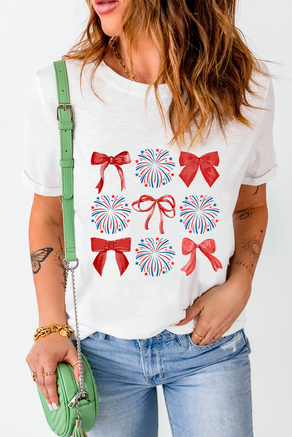 Women's Patriotic Graphic Tee, Firework And Bowknot Print - Detail View 4 Women's Patriotic Graphic Tee, Firework And Bowknot Print - Detail View 4