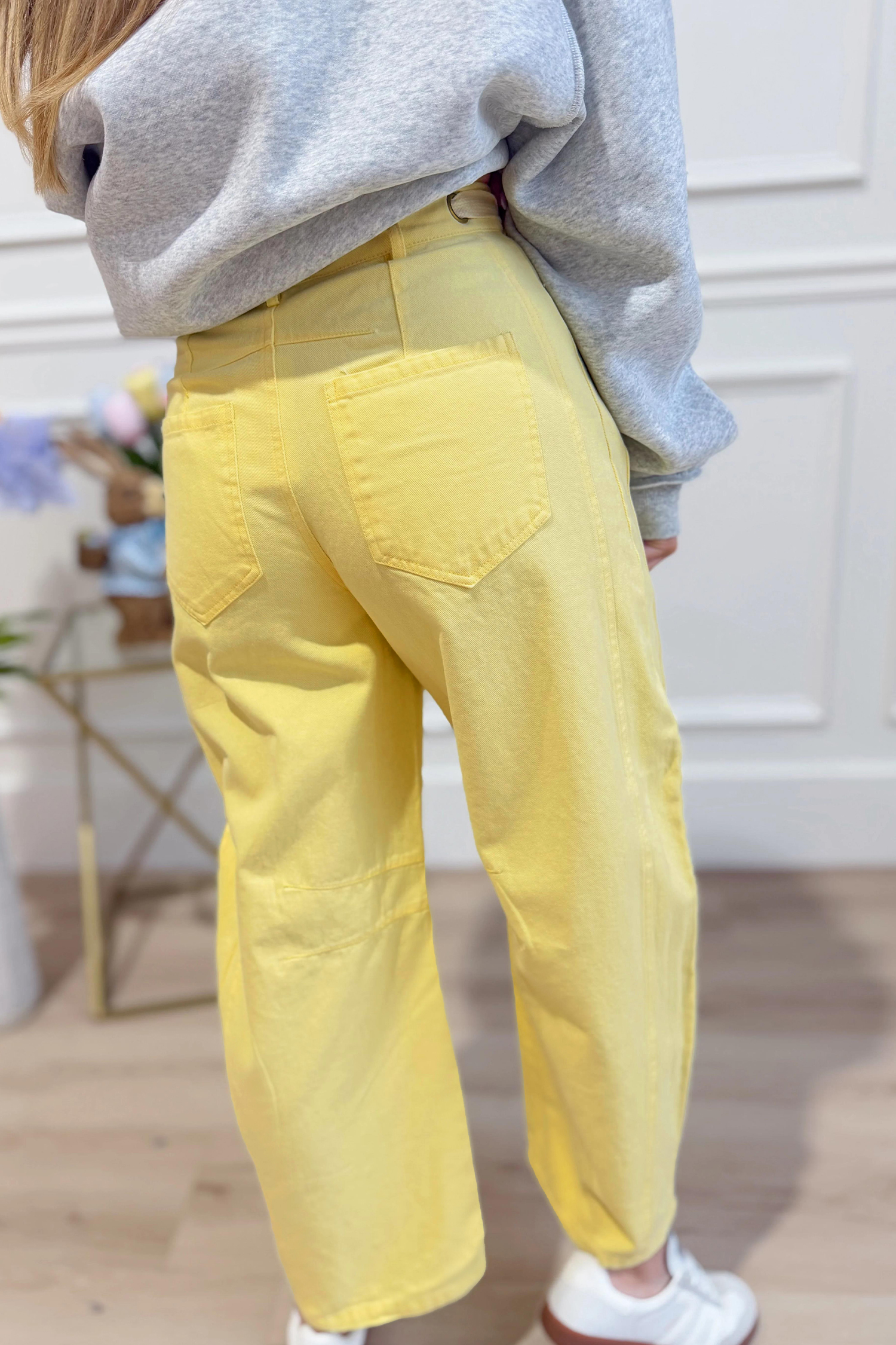 Women's Knot Waist Barrel Jeans, Solid Yellow Denim - Detail View 5 Women's Knot Waist Barrel Jeans, Solid Yellow Denim - Detail View 5