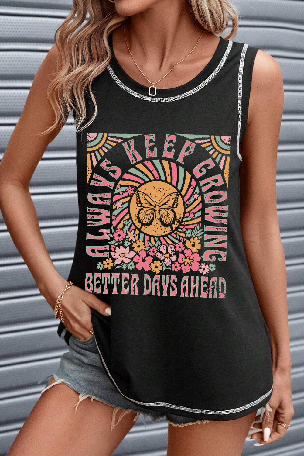 Stylish Round Neck Graphic Tank Top - Ideal for Casual Summer Look - Detail View 8 Stylish Round Neck Graphic Tank Top - Ideal for Casual Summer Look - Detail View 8