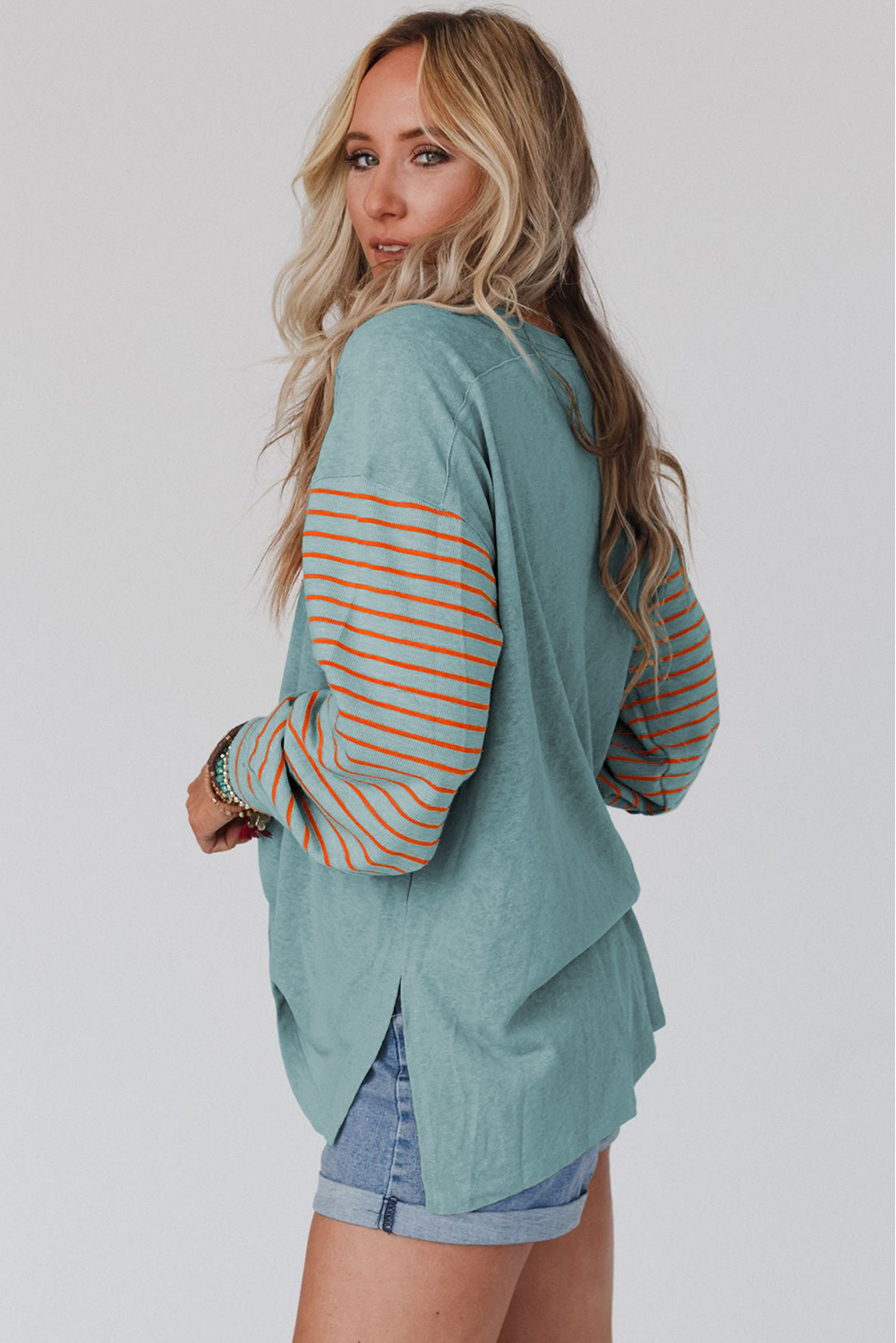 Women's Casual Striped Pullover, Soft Everyday Bishop Sleeve - Detail View 12 Women's Casual Striped Pullover, Soft Everyday Bishop Sleeve - Detail View 12