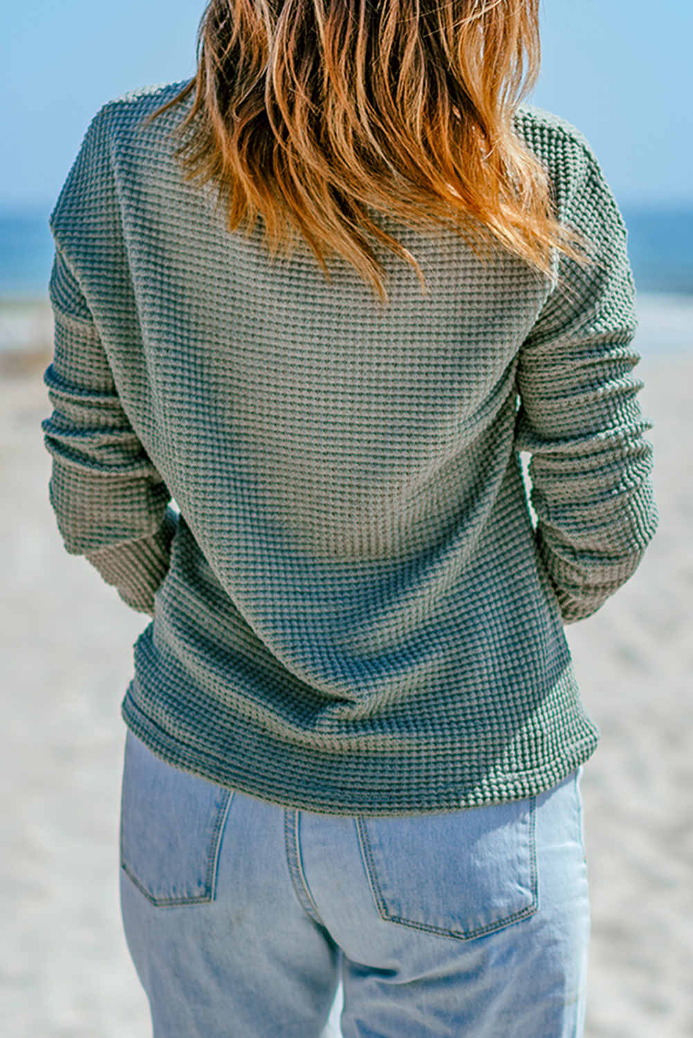 Chic and Comfy: Green Waffle Knit Long Sleeve Top for Women - Detail View 2 Chic and Comfy: Green Waffle Knit Long Sleeve Top for Women - Detail View 2