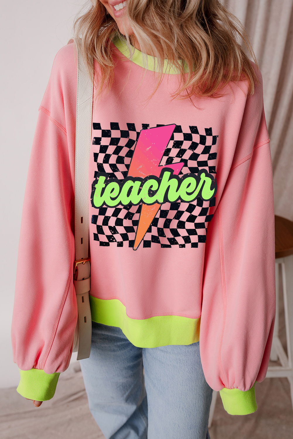 Casual Chic Graphic Sweatshirt with Bold Teacher Lettering and Color Block Design - Detail View 3 Casual Chic Graphic Sweatshirt with Bold Teacher Lettering and Color Block Design - Detail View 3