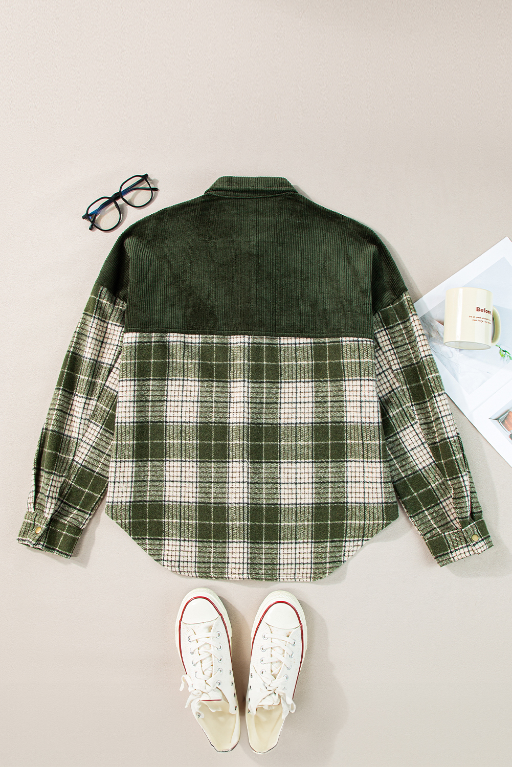 Women's Shacket, Blackish Green, Snap Buttons, Colorblock, Plaid, Trendy, Corduroy Patchwork, Casual Style, Fall & Autumn, Outerwear, Shirt Collar, Premium Material, Eye-Catching Design, Best Sellers, Daily Wear - Detail View 10 Women's Shacket, Blackish Green, Snap Buttons, Colorblock, Plaid, Trendy, Corduroy Patchwork, Casual Style, Fall & Autumn, Outerwear, Shirt Collar, Premium Material, Eye-Catching Design, Best Sellers, Daily Wear - Detail View 10