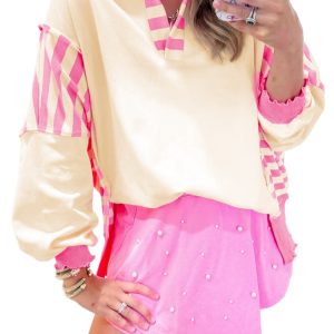 Women's Pink Stripe Colorblock Patchwork Collared French Terry Knit Top - Main View