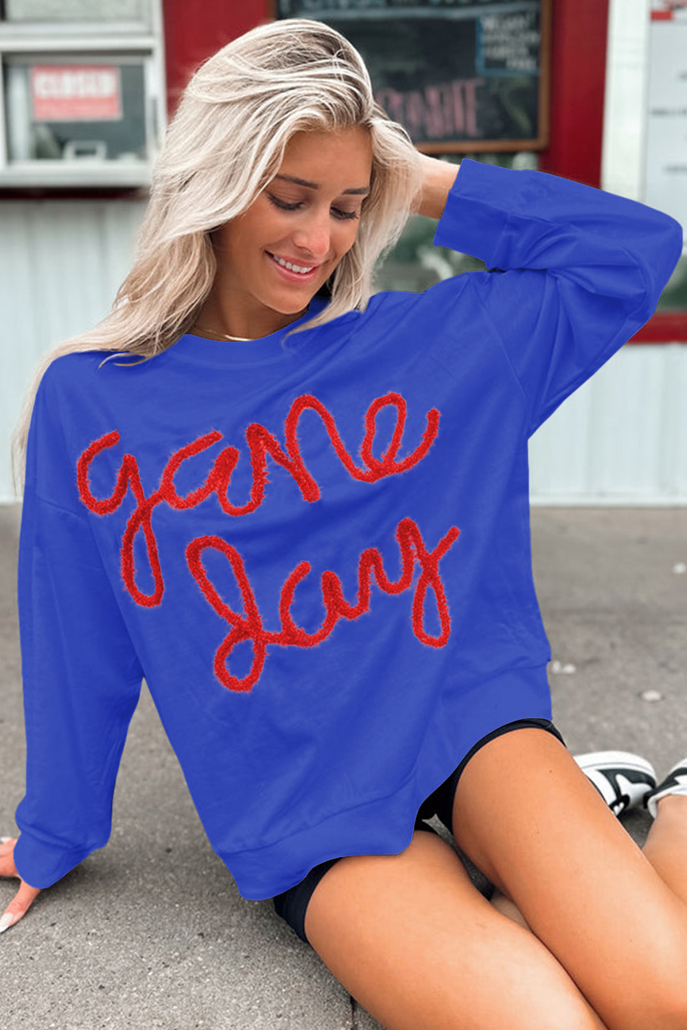 Casual Drop Shoulder Sweatshirt with Fun Tinsel Game Day Graphic - Detail View 6 Casual Drop Shoulder Sweatshirt with Fun Tinsel Game Day Graphic - Detail View 6