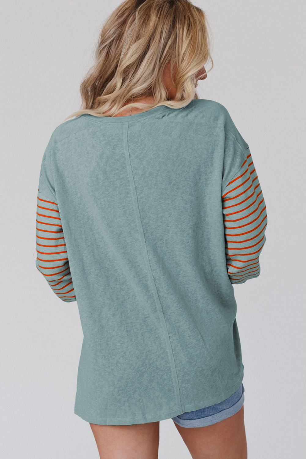 Women's Long Sleeve Patchwork Top, Chic Striped Round Neck - Detail View 11 Women's Long Sleeve Patchwork Top, Chic Striped Round Neck - Detail View 11