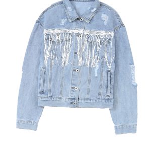 Women's Sequin Fringe Denim Jacket, Distressed Light Blue Coat - Main View