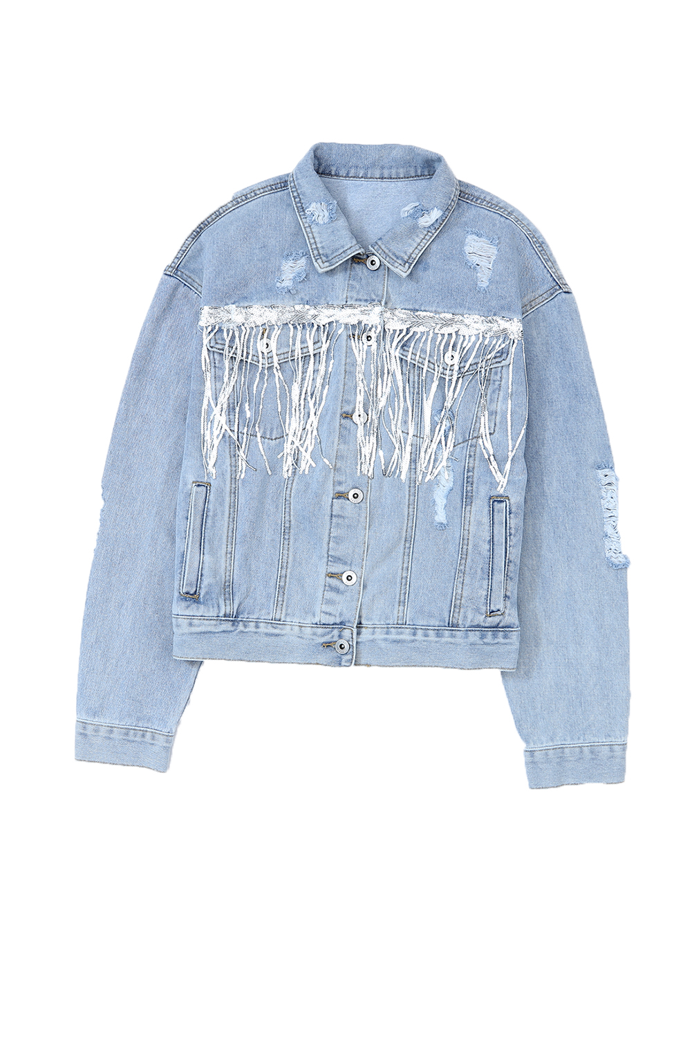 Women's Sequin Fringe Denim Jacket, Distressed Light Blue Coat - Main View Women's Sequin Fringe Denim Jacket, Distressed Light Blue Coat - Main View