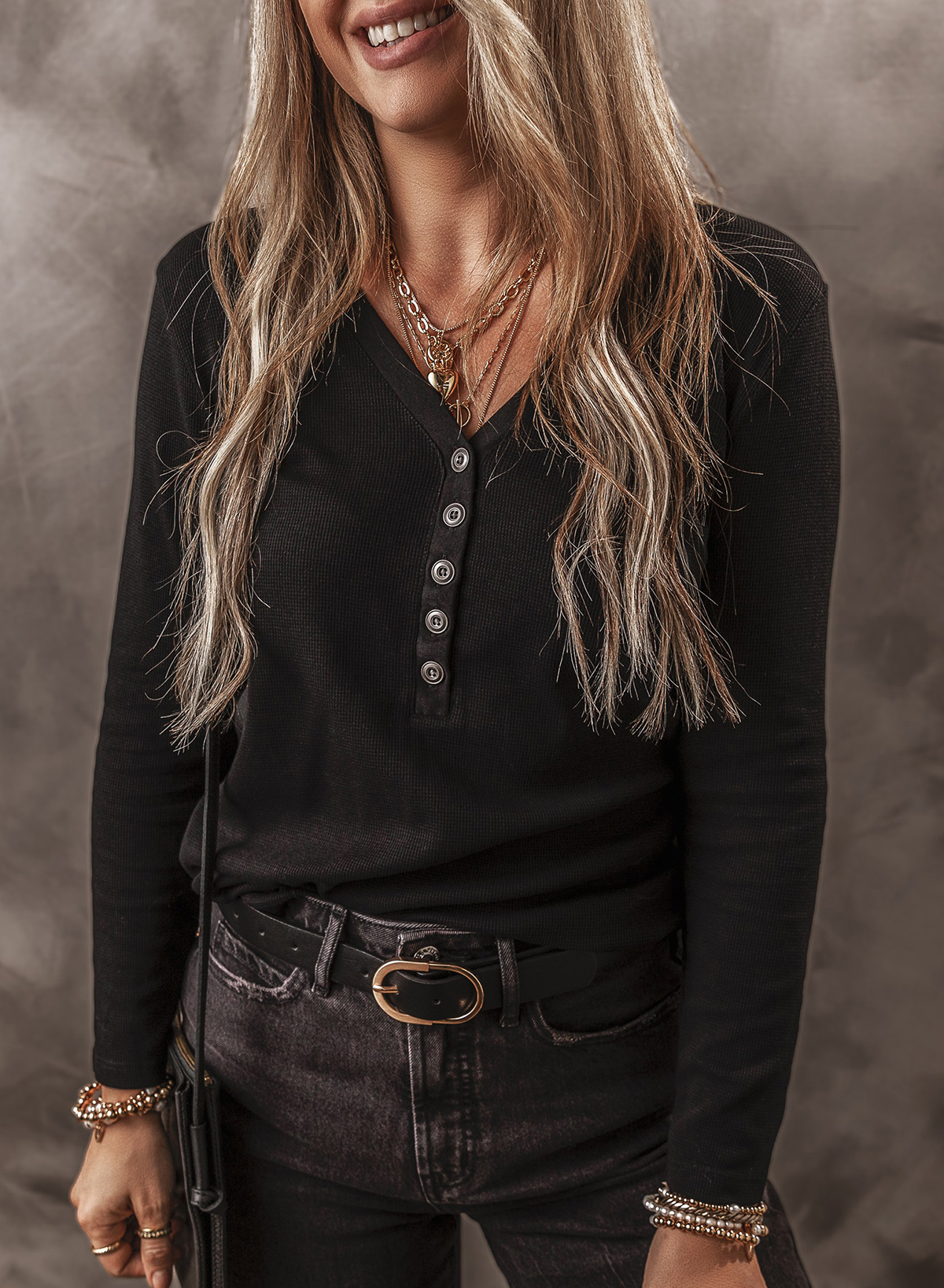 Black V Neck Ribbed Top, Casual Long Sleeve Button Blouse - Detail View 2 Black V Neck Ribbed Top, Casual Long Sleeve Button Blouse - Detail View 2