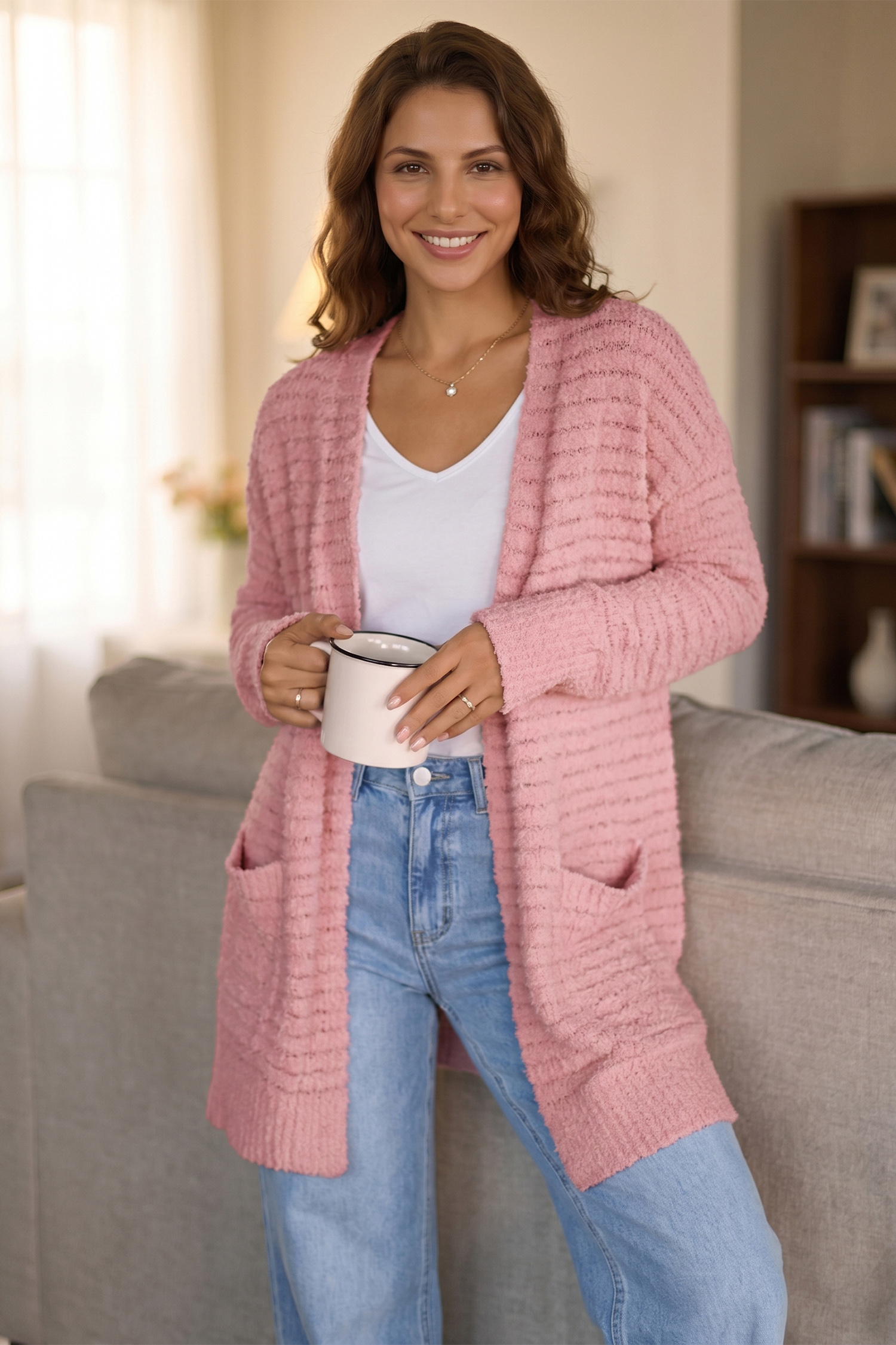 Women's Light Pink Cardigan, Open Front Soft Fuzzy Sweater - Detail View 7 Women's Light Pink Cardigan, Open Front Soft Fuzzy Sweater - Detail View 7