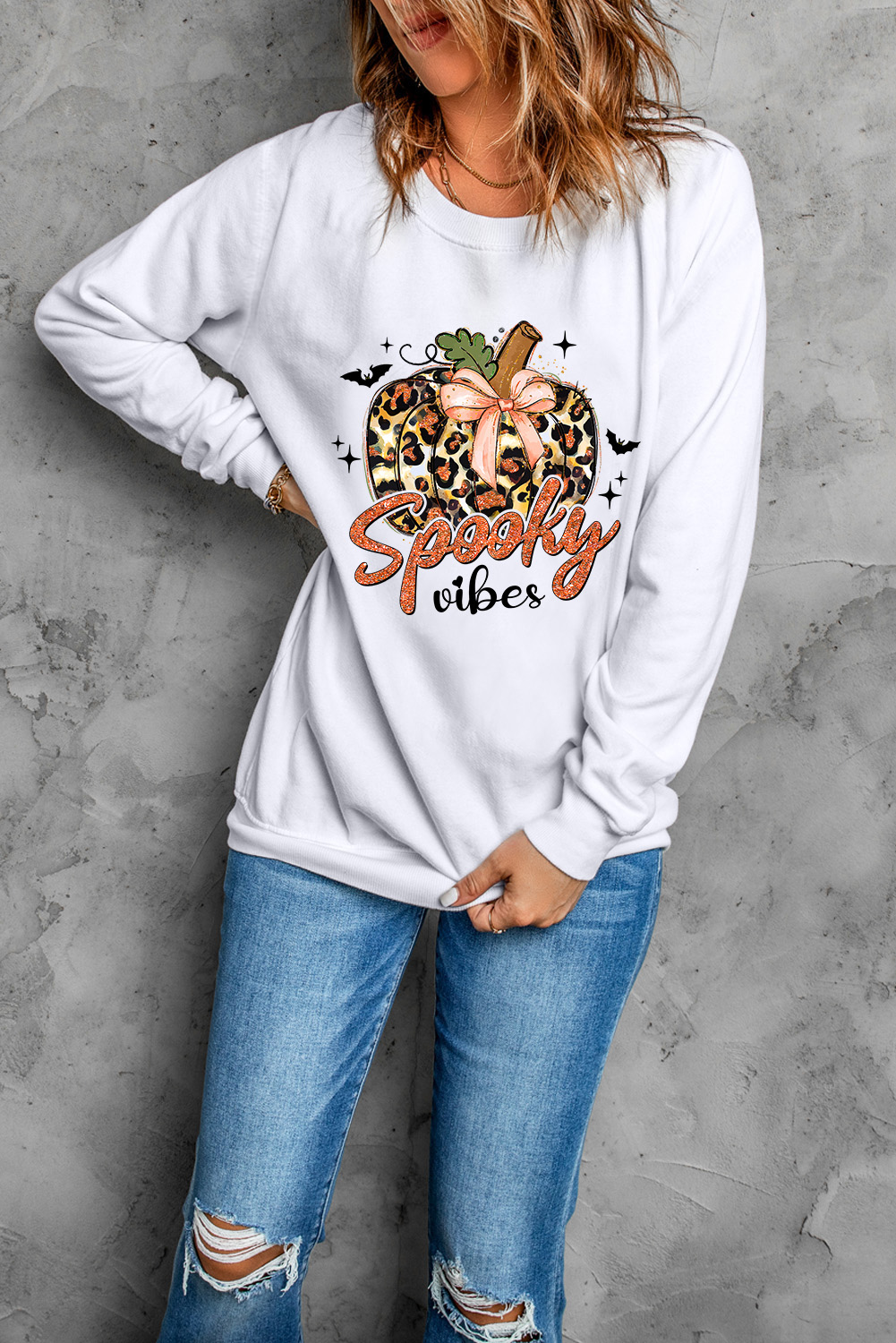 Halloween Graphic Sweatshirt: Beige with Unique Leopard Pumpkin Print - Detail View 7 Halloween Graphic Sweatshirt: Beige with Unique Leopard Pumpkin Print - Detail View 7