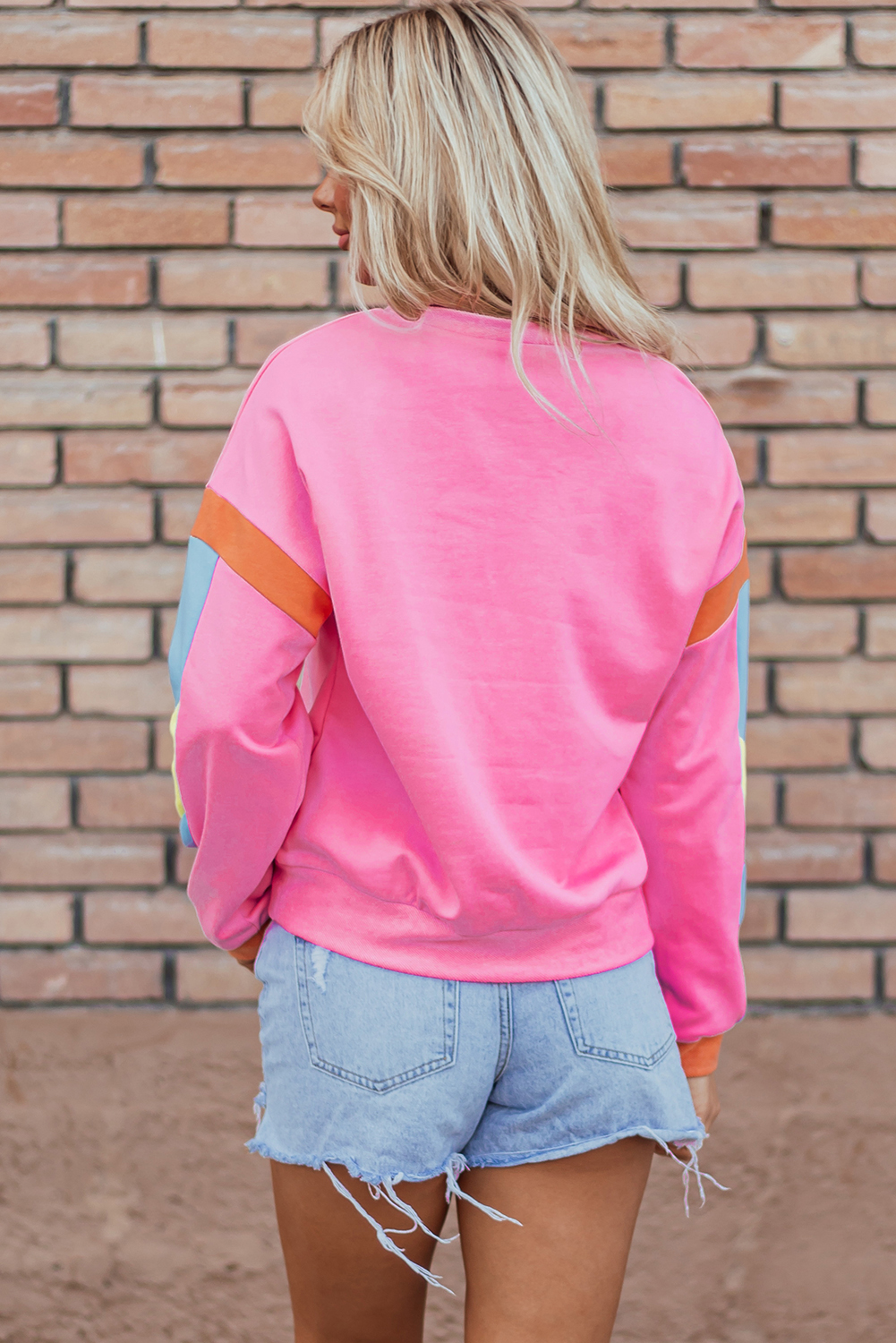 Women's Pink Rugby Football Patchwork Color Block Game Day T-Shirt - Detail View 6 Women's Pink Rugby Football Patchwork Color Block Game Day T-Shirt - Detail View 6