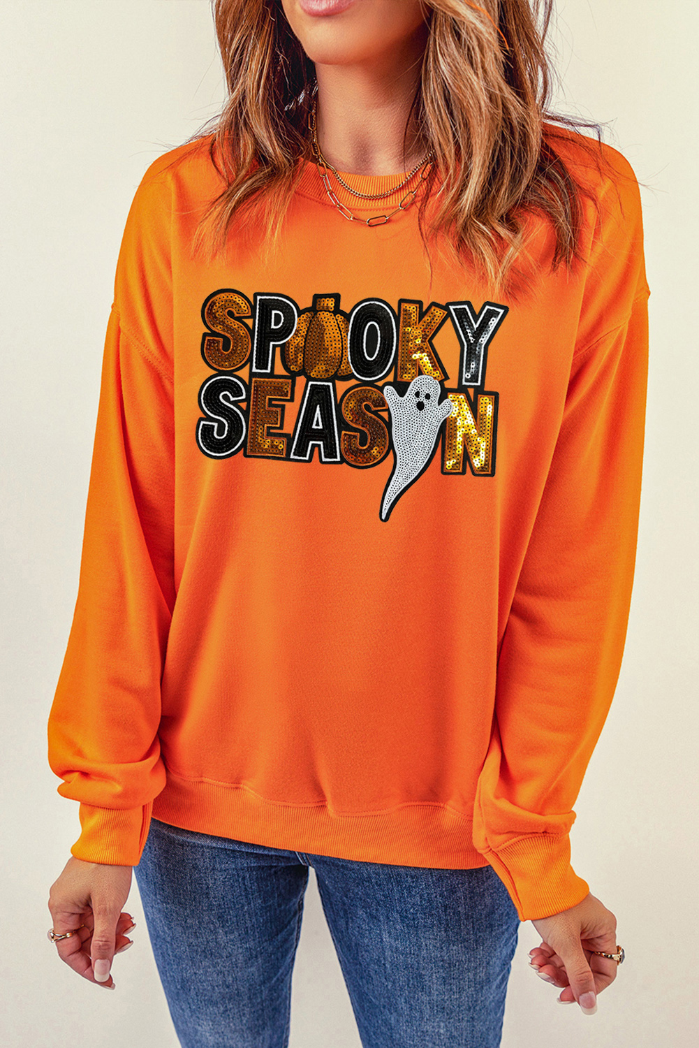 Spooky Season Graphic Sweatshirt: Russet Orange Ghost and Slogan - Detail View 10 Spooky Season Graphic Sweatshirt: Russet Orange Ghost and Slogan - Detail View 10