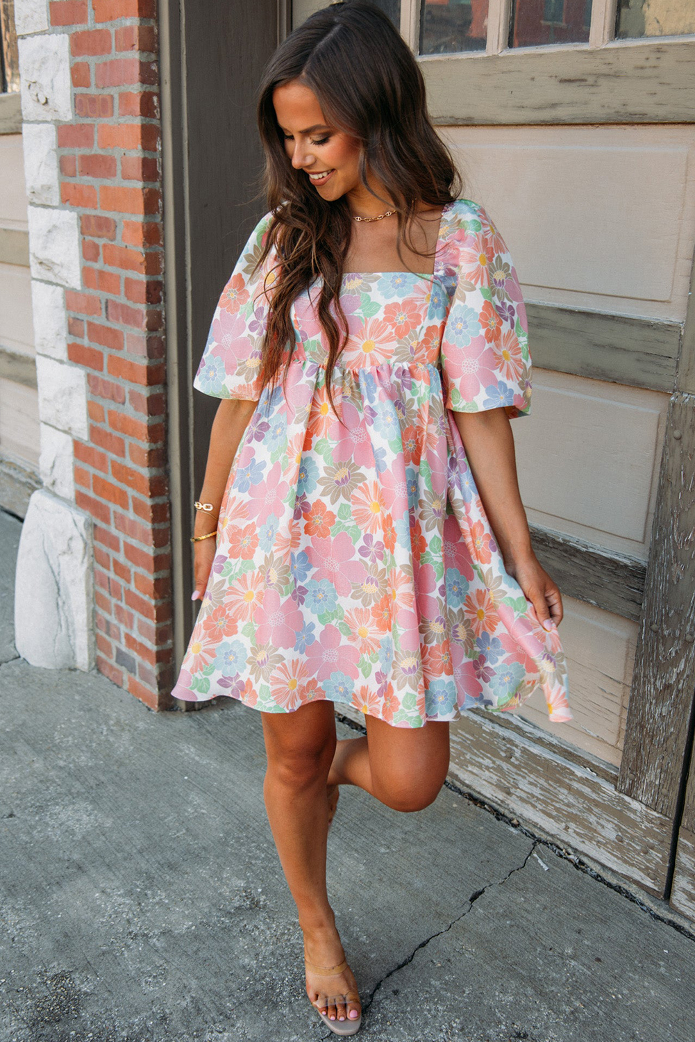 Pink Floral Summer Dress, Elegant Puff Sleeve A Line Mini - Detail View 8 Pink Floral Summer Dress, Elegant Puff Sleeve A Line Mini - Detail View 8
