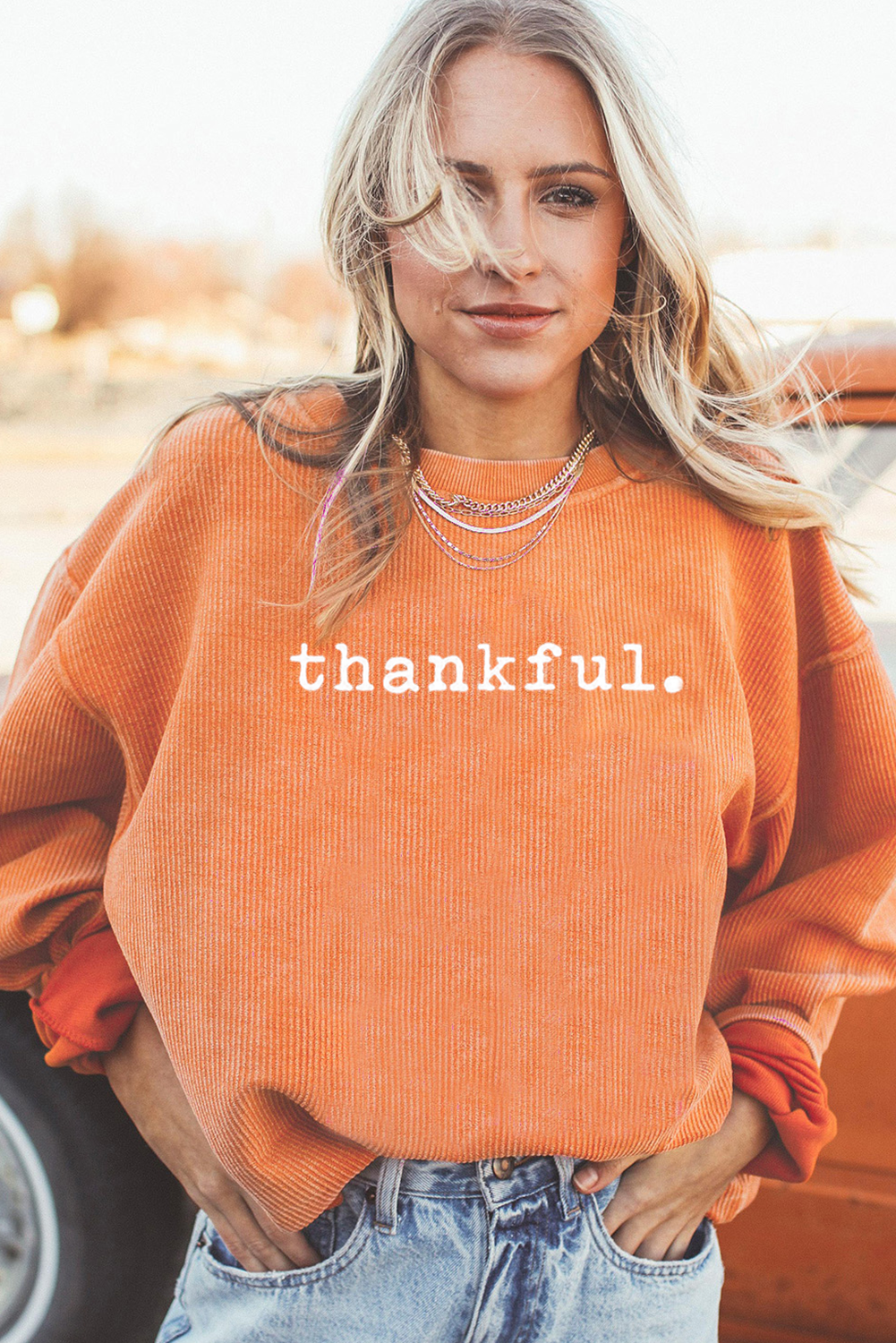 Women's Sweatshirt, Orange, Ribbed Fabric, Crew Neck, Cozy, Casual, Winter Wear, Thanksgiving, Gratitude, Graphic Design, Long Sleeve, Comfortable, Suitable for Various Occasions - Detail View 4 Women's Sweatshirt, Orange, Ribbed Fabric, Crew Neck, Cozy, Casual, Winter Wear, Thanksgiving, Gratitude, Graphic Design, Long Sleeve, Comfortable, Suitable for Various Occasions - Detail View 4