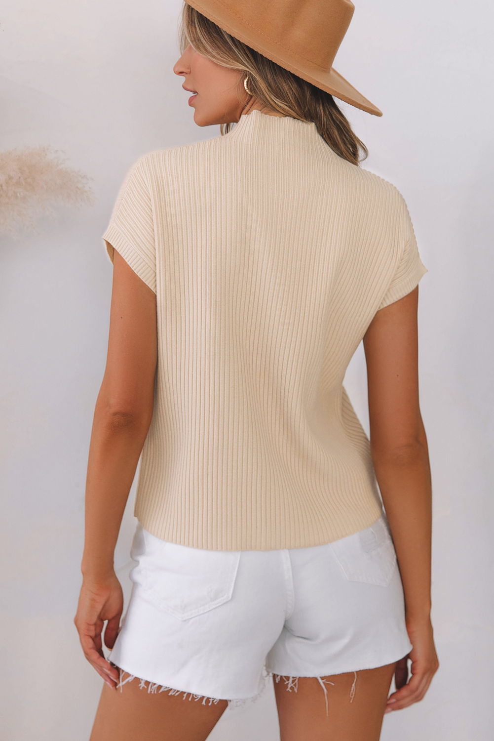 Oatmeal Ribbed Knit Top, Women's Short Sleeve Casual Sweater - Detail View 6 Oatmeal Ribbed Knit Top, Women's Short Sleeve Casual Sweater - Detail View 6