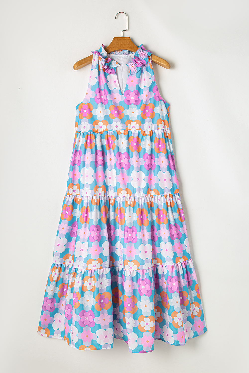 Women's Maxi Dress, Floral Print, Tiered Design, Sleeveless, Frilly Neck, Ruffle, Sky Blue, Polyester Material, Summer Dress, Evening Wear, Party Dress, Formal Dress - Detail View 10 Women's Maxi Dress, Floral Print, Tiered Design, Sleeveless, Frilly Neck, Ruffle, Sky Blue, Polyester Material, Summer Dress, Evening Wear, Party Dress, Formal Dress - Detail View 10