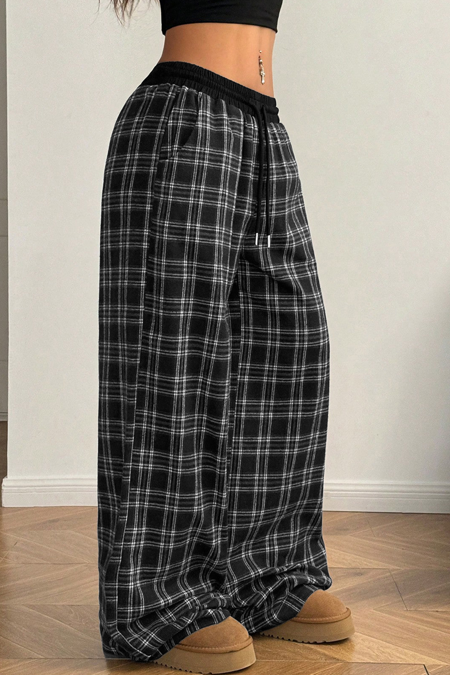 Women's Drawstring Plaid Pants, Wide Leg Trousers - Detail View 6 Women's Drawstring Plaid Pants, Wide Leg Trousers - Detail View 6