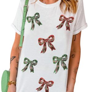Women's White Christmas Bowknot Graphic Cotton Blend T-Shirt - Main View
