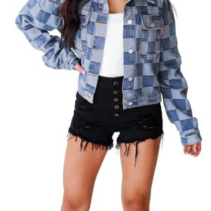 Women's Light Blue Checkered Patchwork Button-Up Denim Jacket - Main View