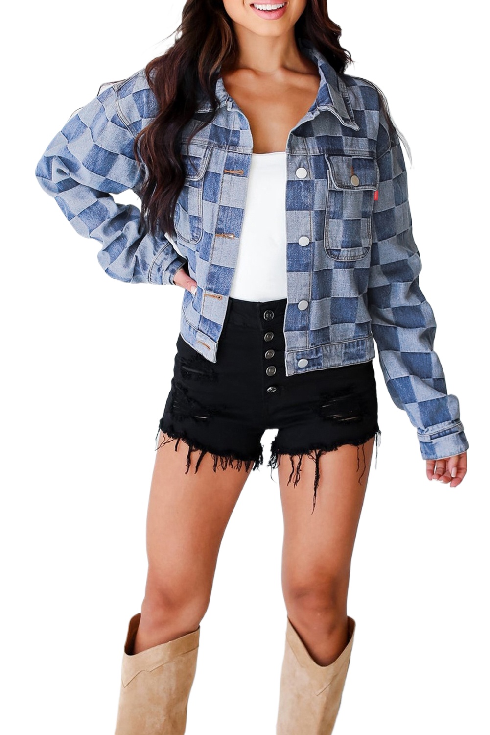 Women's Light Blue Checkered Patchwork Button-Up Denim Jacket - Main View Women's Light Blue Checkered Patchwork Button-Up Denim Jacket - Main View