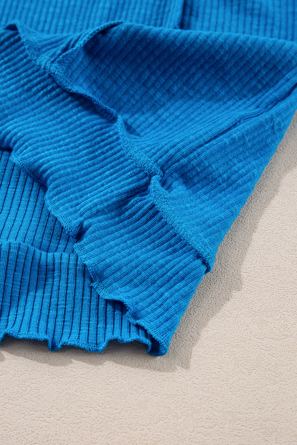 Women's Casual Blue Ribbed Long Sleeve Top with Exposed Seam Detail - Detail View 9 Women's Casual Blue Ribbed Long Sleeve Top with Exposed Seam Detail - Detail View 9
