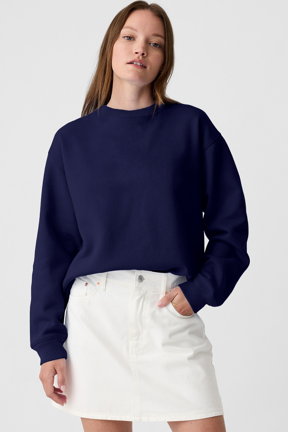 Cozy Winter Essential: Women's Long Sleeve Terry Sweatshirt in Navy Blue - Detail View 3 Cozy Winter Essential: Women's Long Sleeve Terry Sweatshirt in Navy Blue - Detail View 3