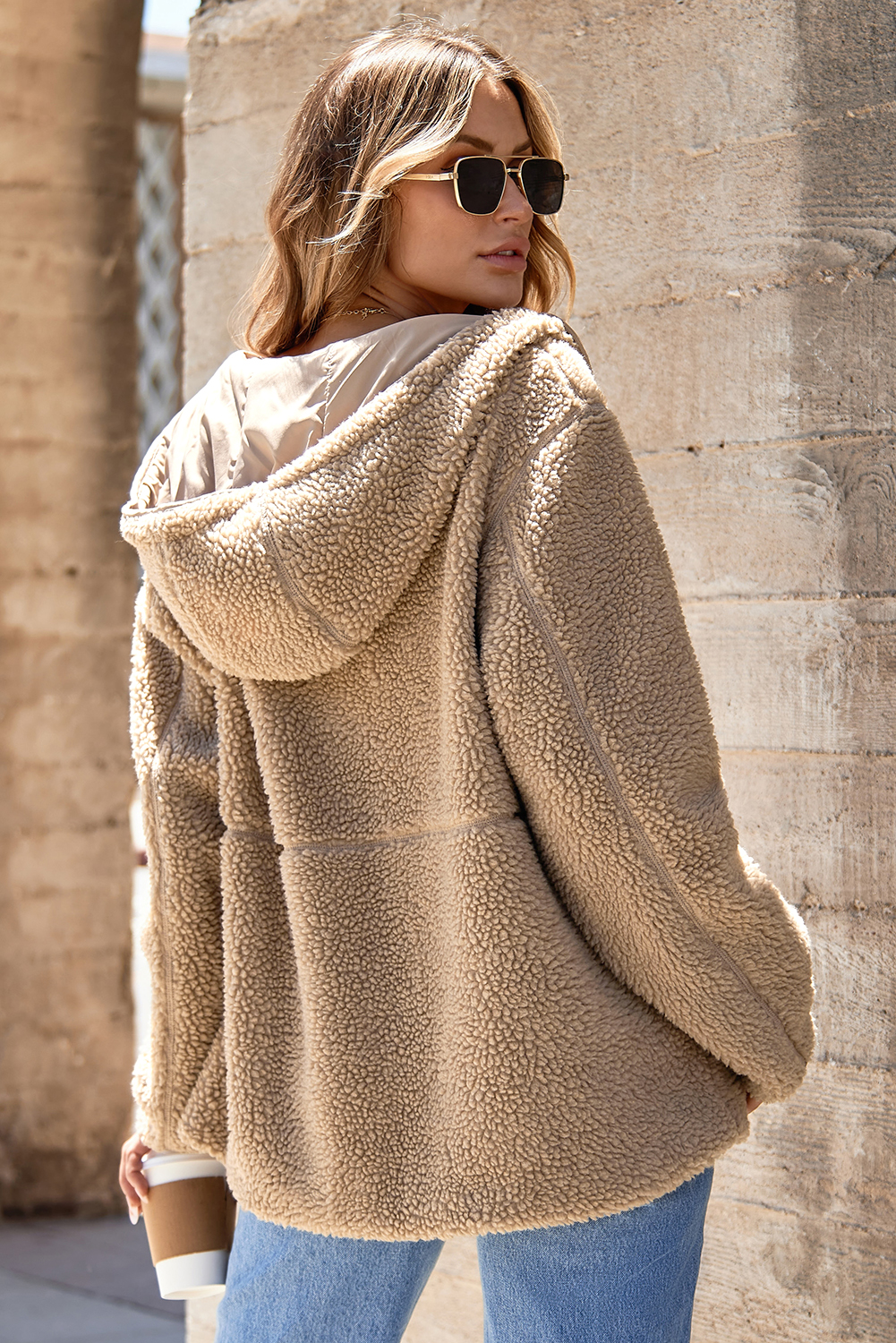 Casual Long Sleeve Fleece Jacket - Cozy Pale Khaki Zip Up for Winter - Detail View 2 Casual Long Sleeve Fleece Jacket - Cozy Pale Khaki Zip Up for Winter - Detail View 2