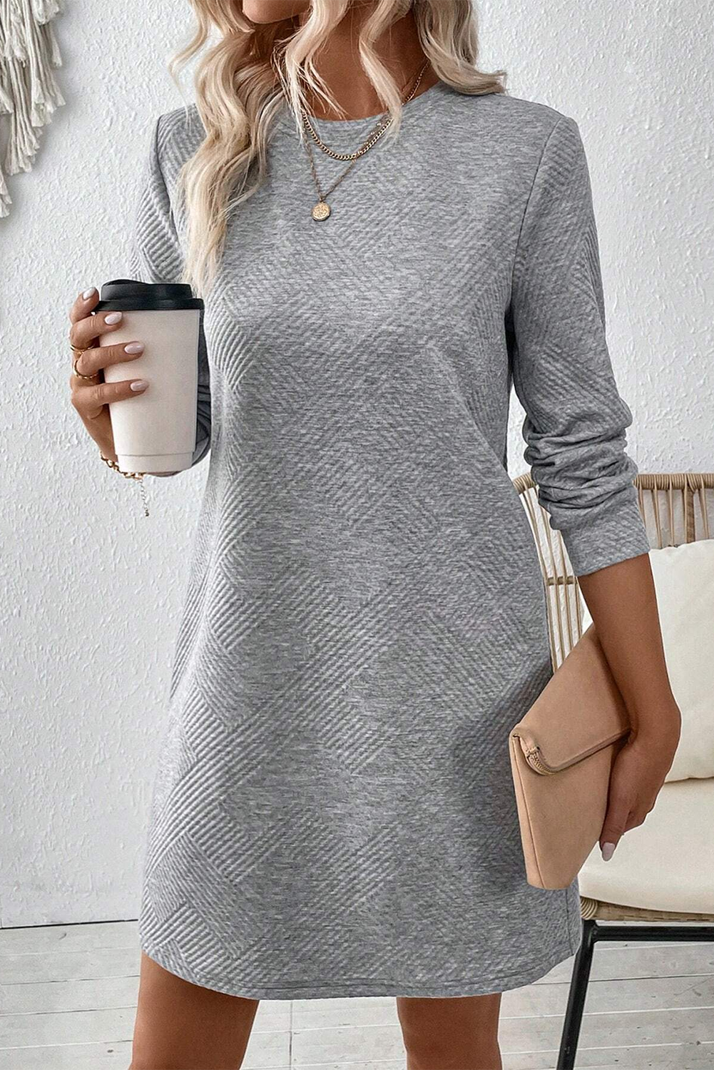 Versatile Long Sleeve Shift Dress - Gray Solid Color - Detail View 7 Versatile Long Sleeve Shift Dress - Gray Solid Color - Detail View 7
